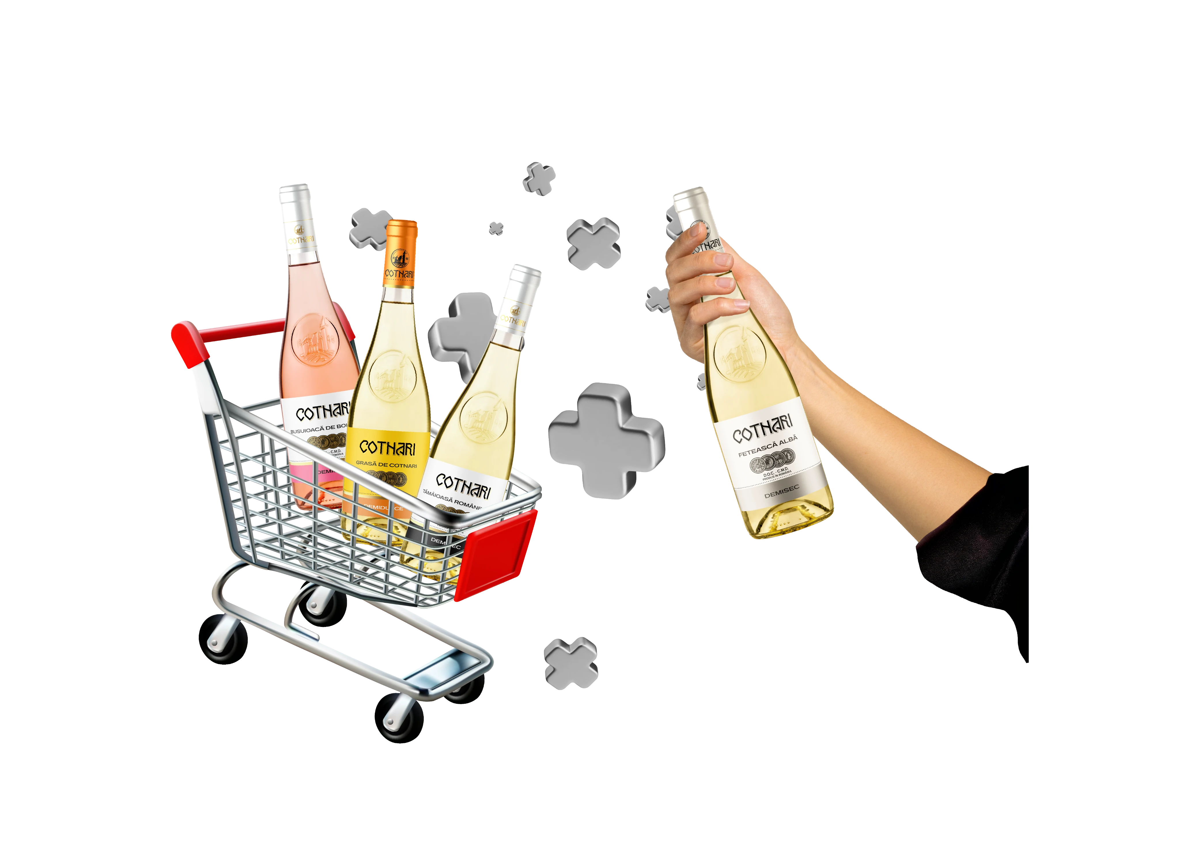 Trei sticle Cotnari în coș și o sticlă cadou din partea noastră